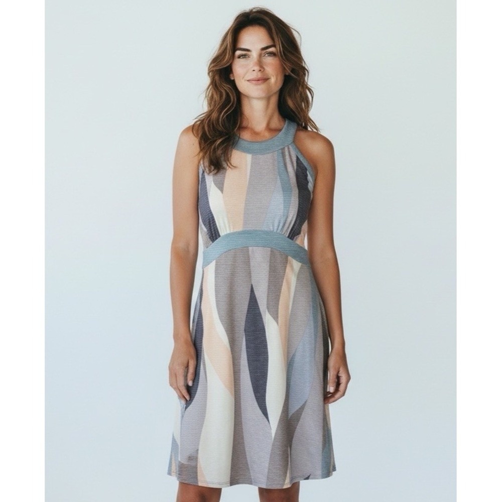 Prana Women' S  Activewear Calexico Dress Wavy Fawn Teal Built In Bra EUC 37.25"